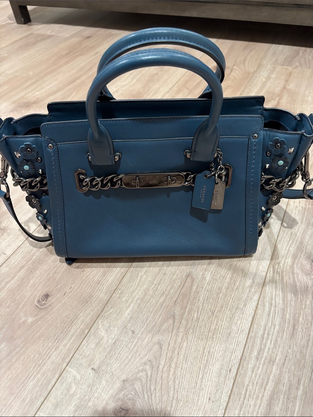 Coach Teal Blue Leather Satchel with Chain & Floral Appliqué